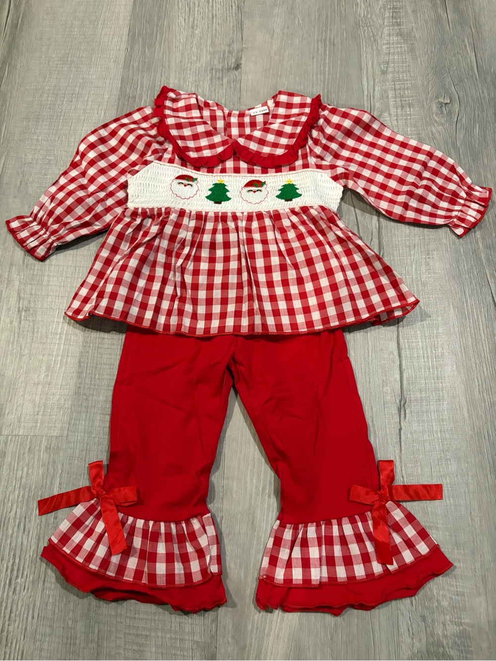 Red Gingham Holiday Smocked Two-Piece Kids Set..12-18M